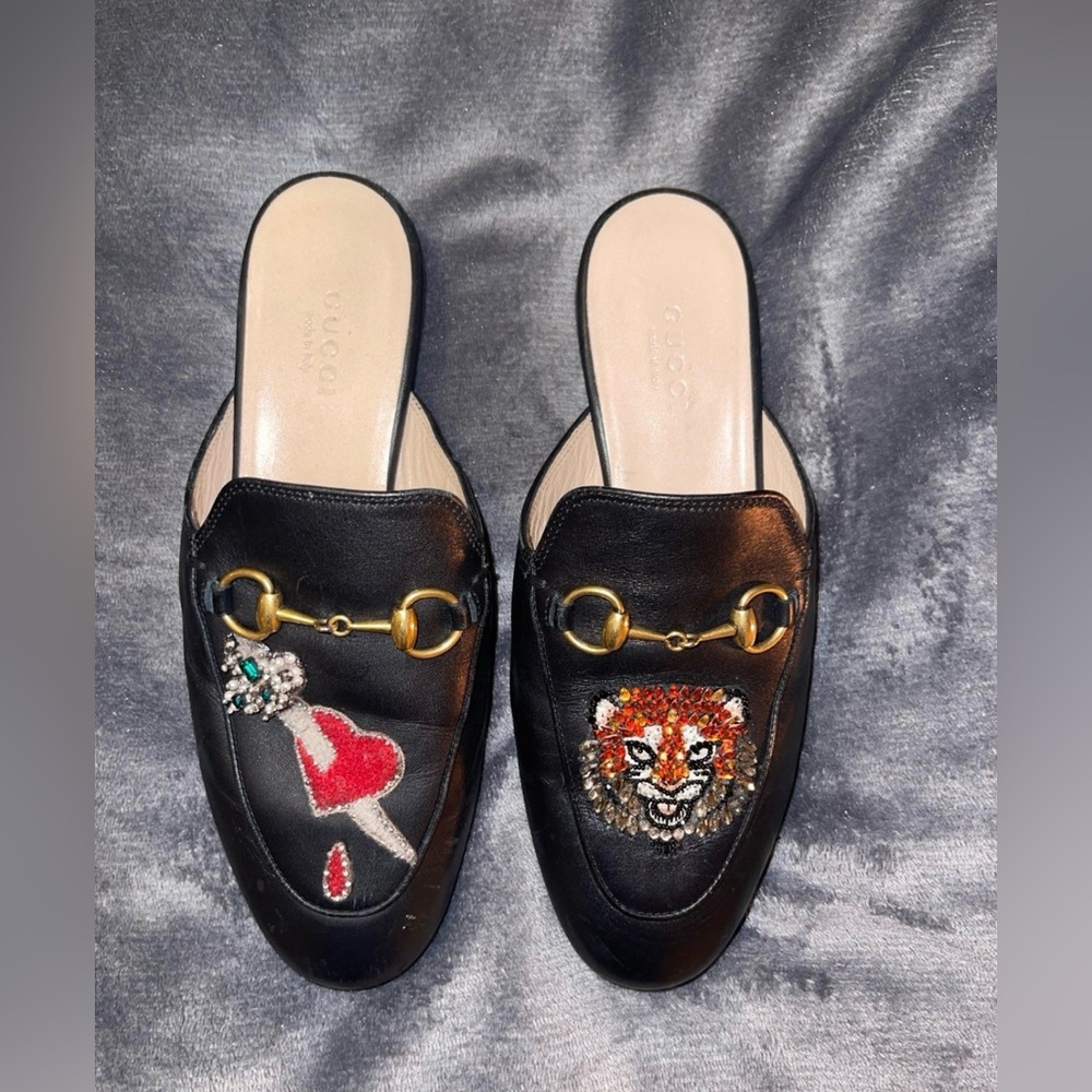 Genuine Gucci Black Tiger and Pierced Heart Princetown Mules